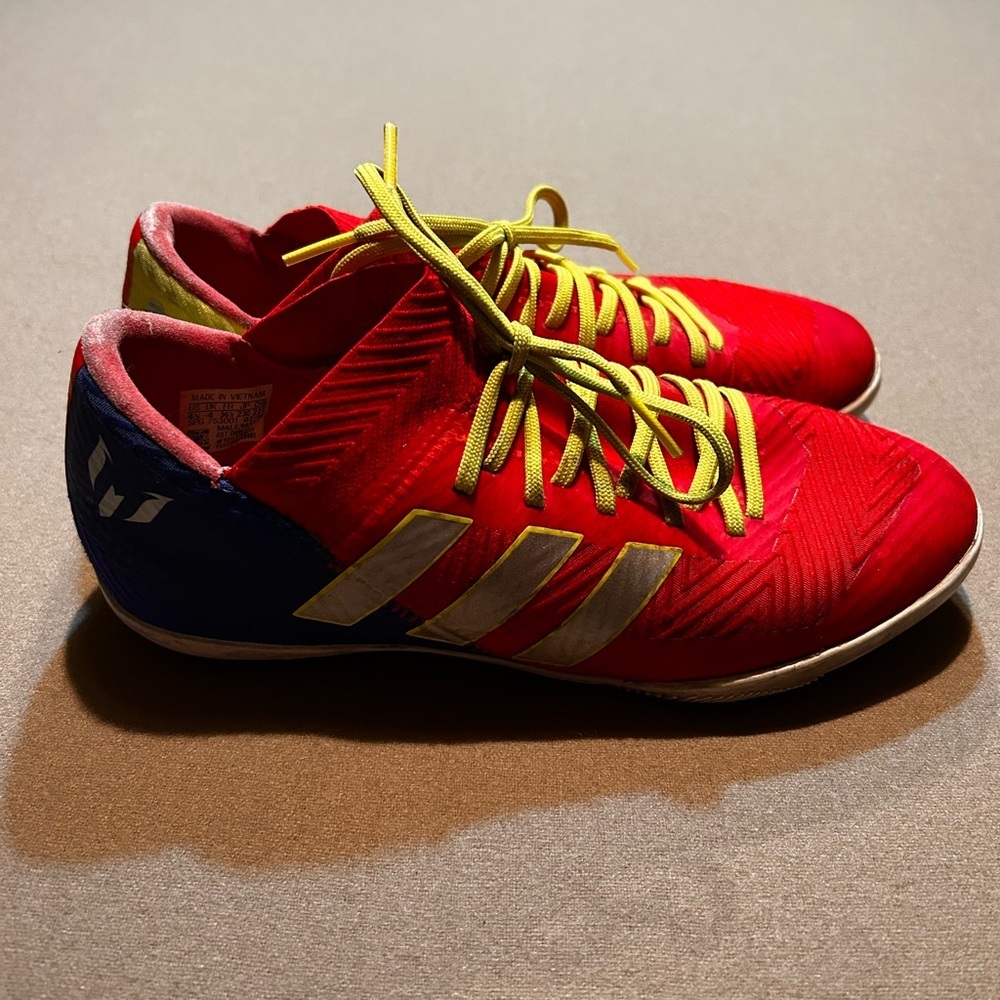 Adidas Messi Red and Blue Indoor Turf Soccer Shoes, used but good condition​